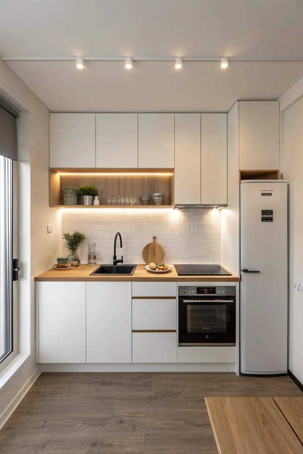 Small one-wall minimalist kitchen with white cabinets, light wood counter, built-in appliances, and soft under-cabinet