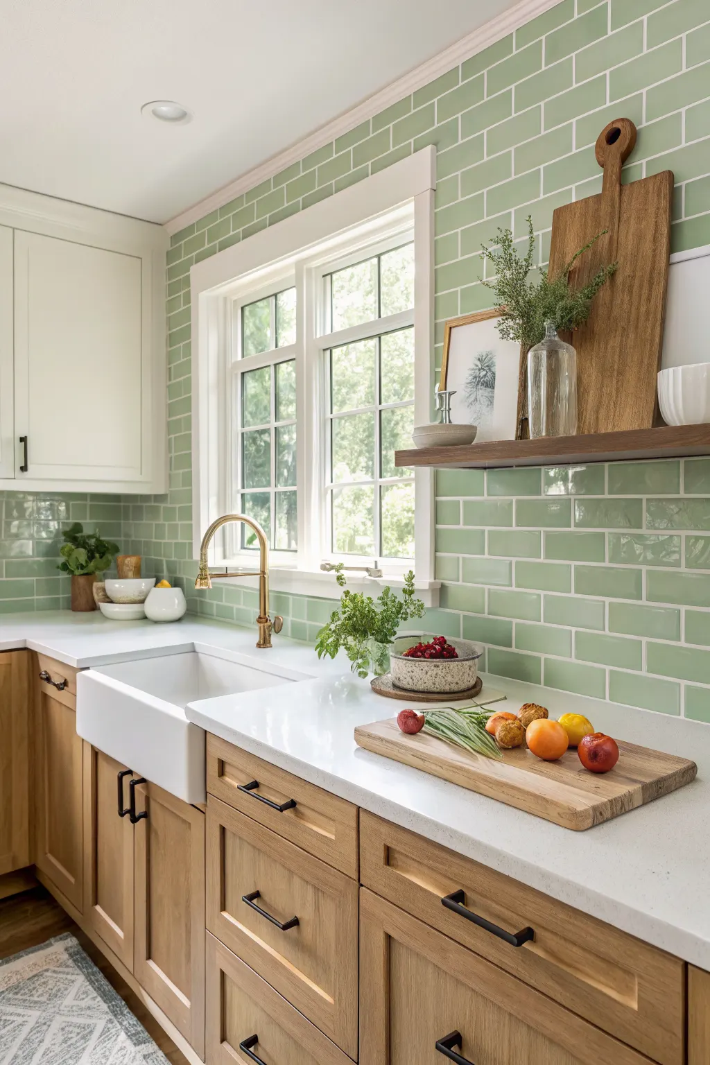 Soft sage green kitchen wall tiles above white counters and oak cabinets with brass hardware in natural light.