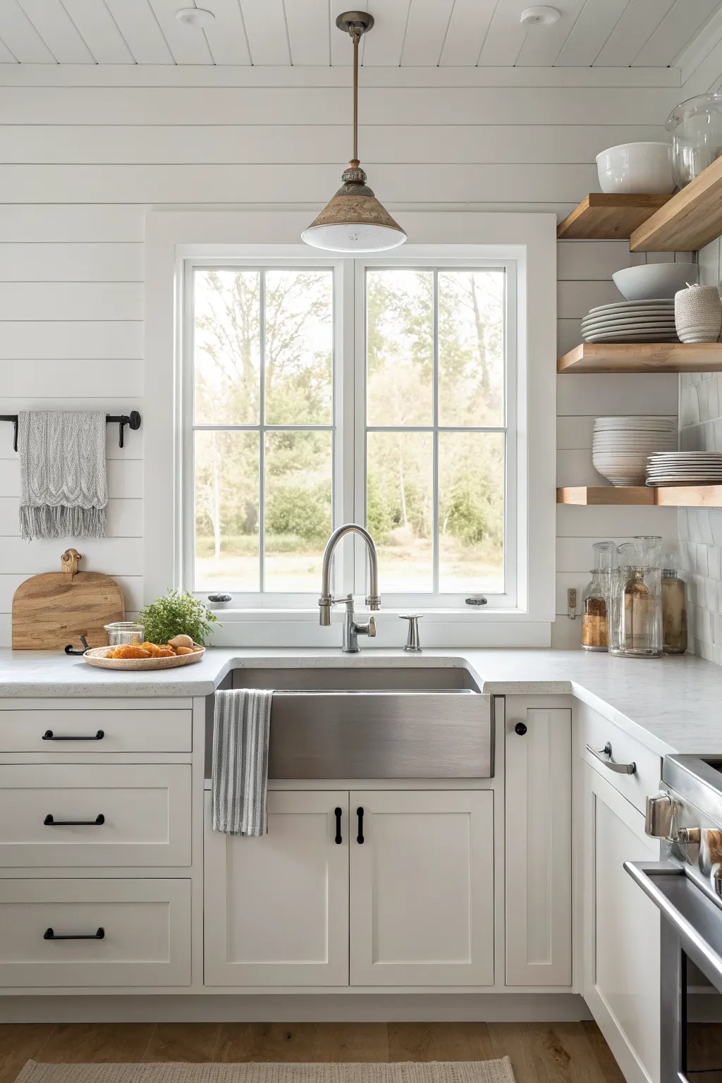 25 Farmhouse Kitchen Sink Ideas for a Charming, Timeless Kitchen Stainless steel apron-front sink with white shaker cabinets and quartz counters in a modern farmhouse kitchen.