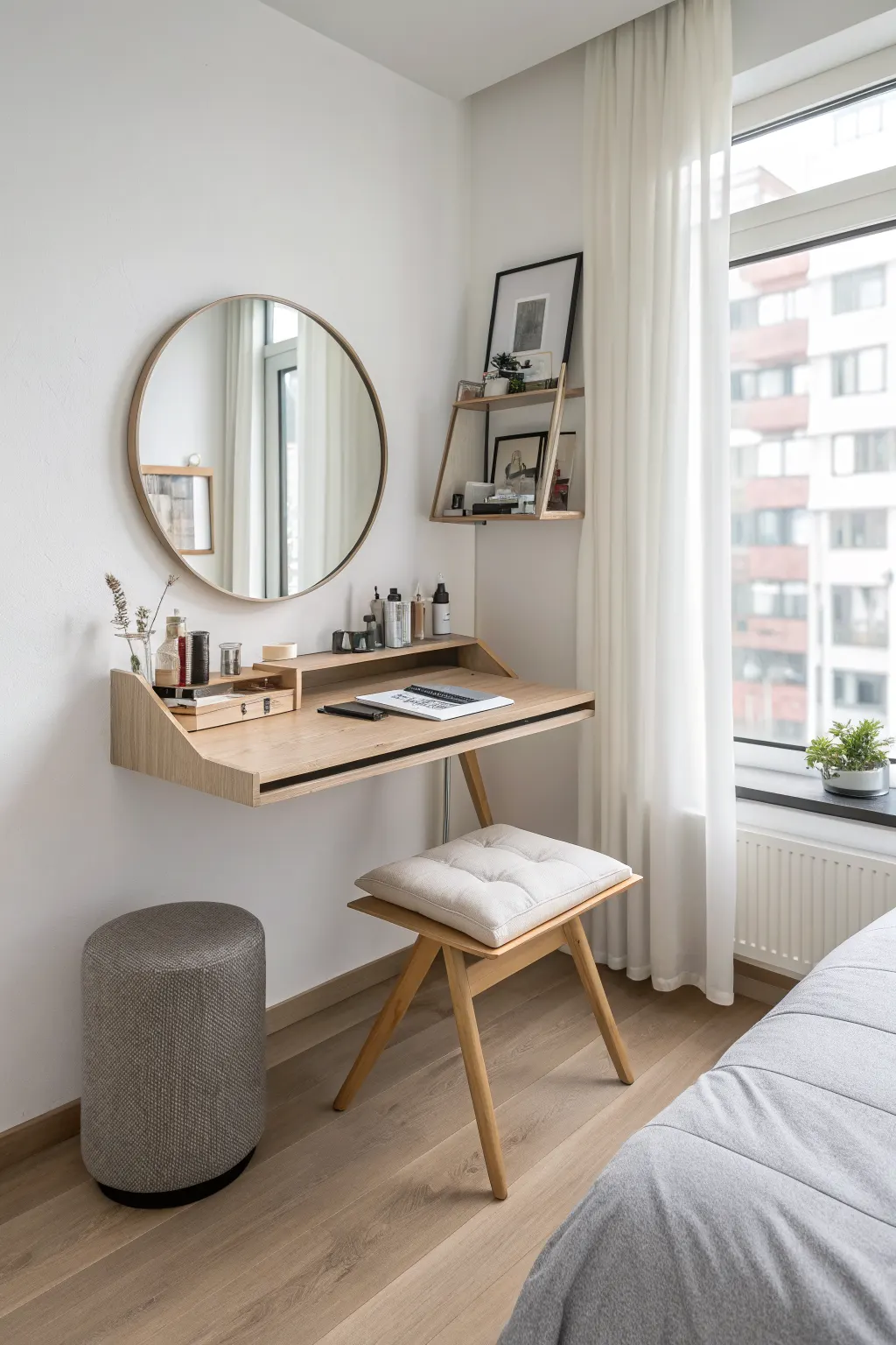 Wall-mounted wood vanity with round mirror, stool, and cosmetics beside a bed and window