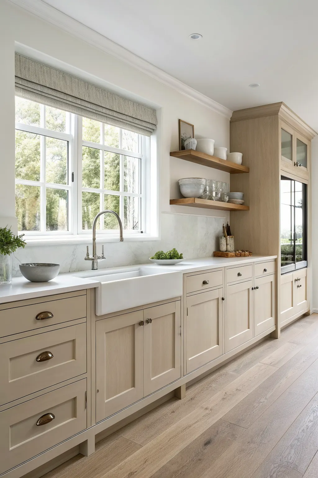 Transitional minimalist kitchen with slim shaker cabinets, white quartz counters, pale wood accents, and sparse neutral