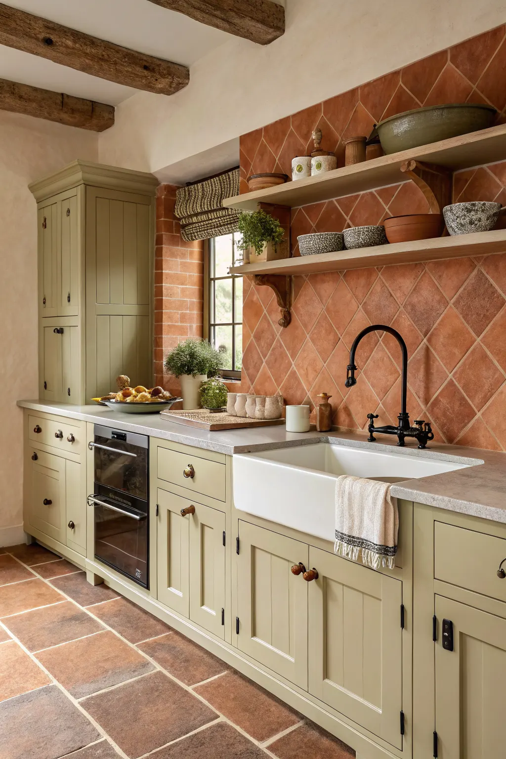 Warm kitchen featuring terracotta-look wall tiles behind the cooktop, cream cabinets, wood shelving, and black hardware.