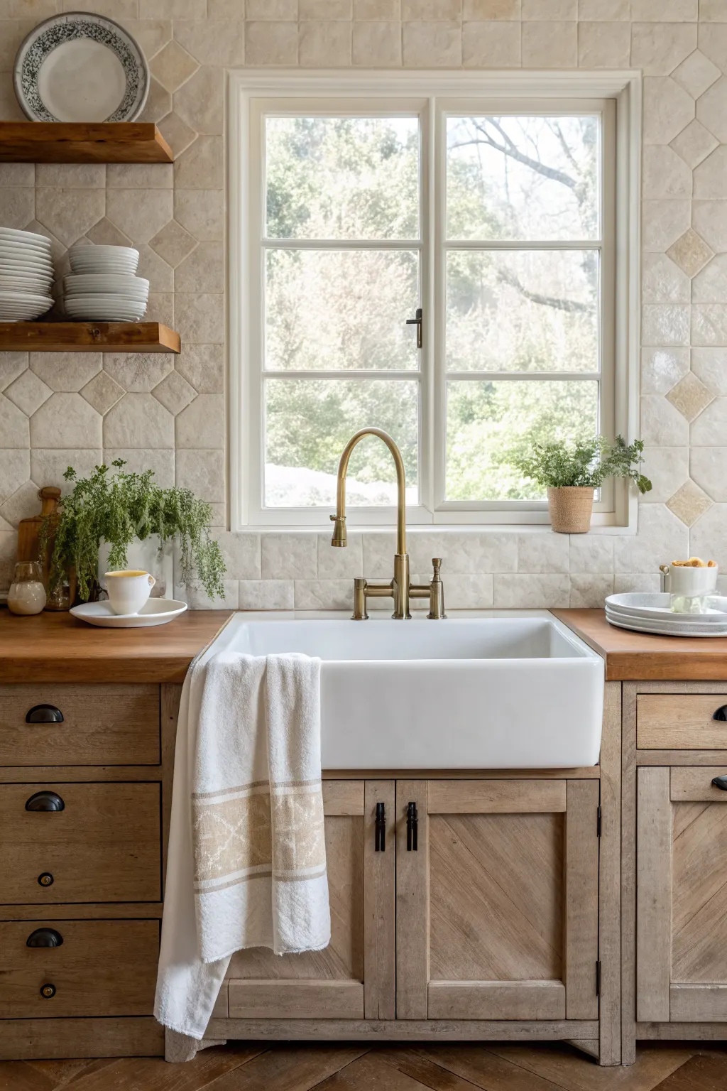 25 Farmhouse Kitchen Sink Ideas for a Charming, Timeless Kitchen White apron-front farmhouse sink with an ivory zellige backsplash, brass faucet, and warm wood accents in a cozy kitchen.
