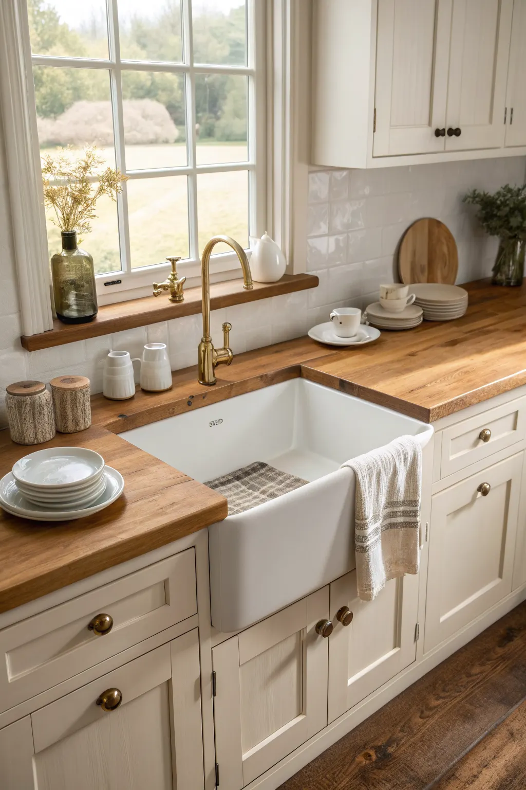 25 Farmhouse Kitchen Sink Ideas for a Charming, Timeless Kitchen White apron-front sink framed by butcher block countertops in a cozy farmhouse kitchen with soft natural light.
