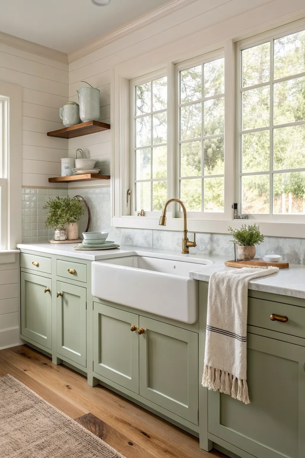 25 Farmhouse Kitchen Sink Ideas for a Charming, Timeless Kitchen White apron-front sink set into soft sage cabinetry in a bright farmhouse kitchen with brass fixtures and warm wood floors.