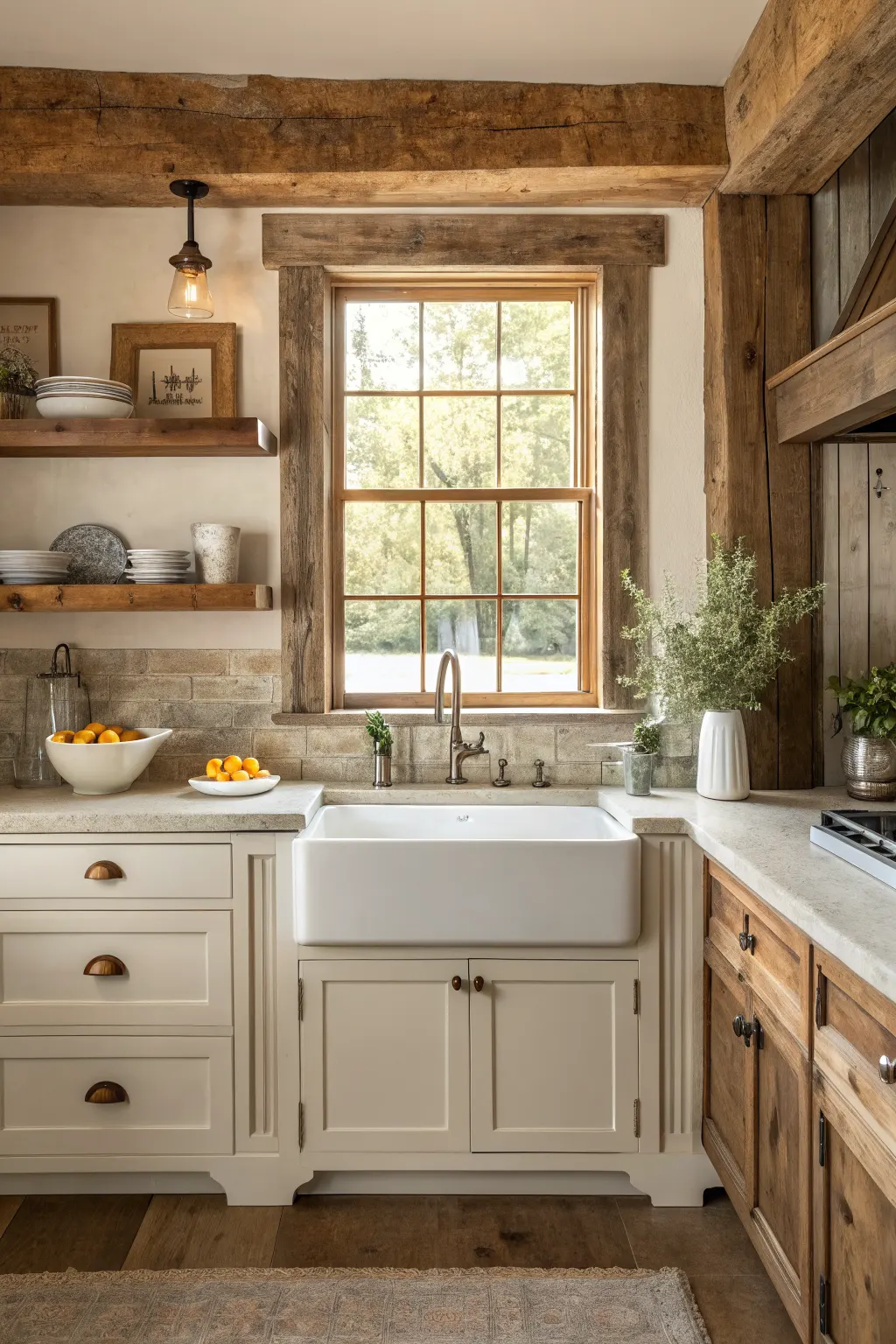 25 Farmhouse Kitchen Sink Ideas for a Charming, Timeless Kitchen White apron-front sink under a bright window with reclaimed wood shelves, wood trim, and a brass bridge faucet in a farmhouse
