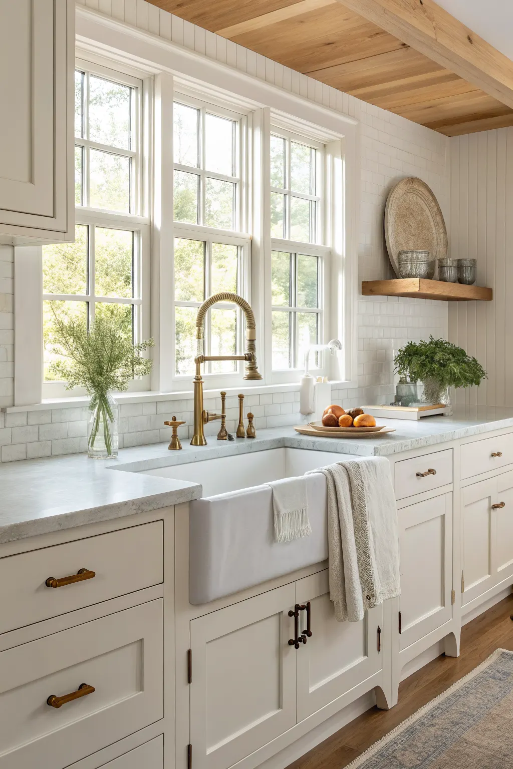 25 Farmhouse Kitchen Sink Ideas for a Charming, Timeless Kitchen White apron-front sink with an aged brass faucet, white cabinets, and pale stone counters in a farmhouse kitchen.