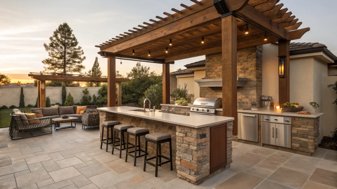 Pergola-covered outdoor kitchen with stone island, bar stools, grill, and patio seating at sunset