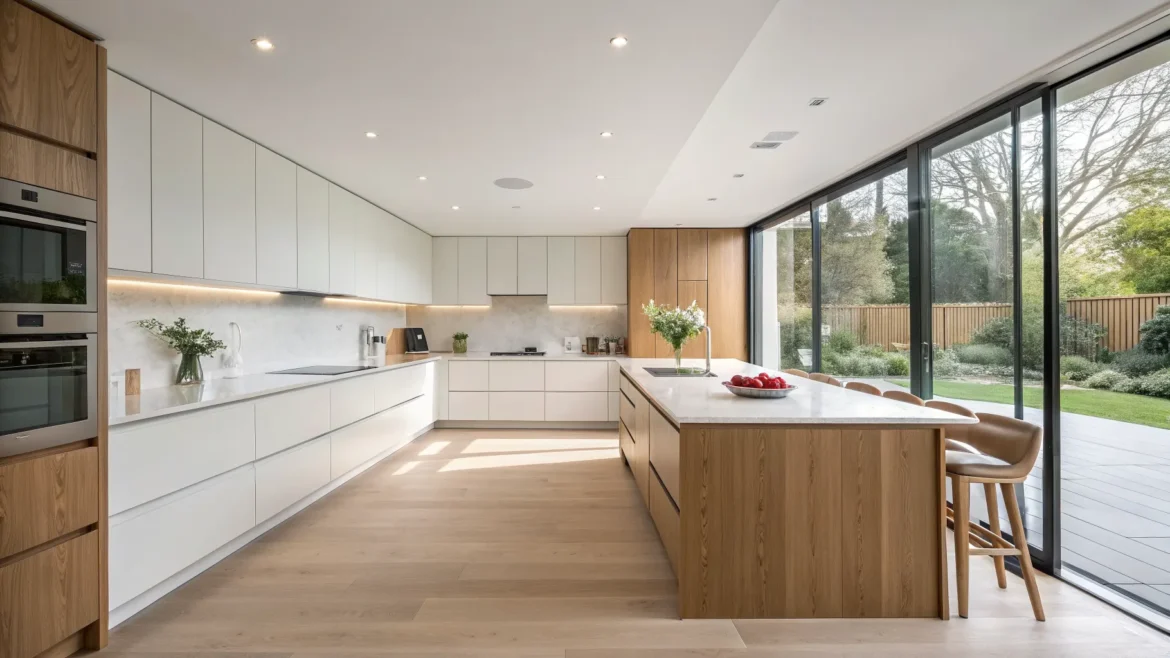 Minimalist kitchen with white handleless cabinets, oak island, bar stools, and floor-to-ceiling garden windows