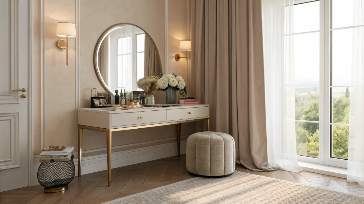 Cream vanity table with round mirror, floral arrangement, and upholstered stool by tall bright windows